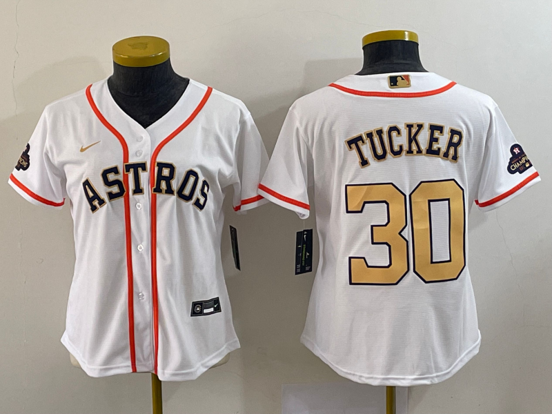 Women's Houston Astros #30 Kyle Tucker White 2023 Gold Collection With World Serise Champions Patch Stitched Jersey(Run Small)